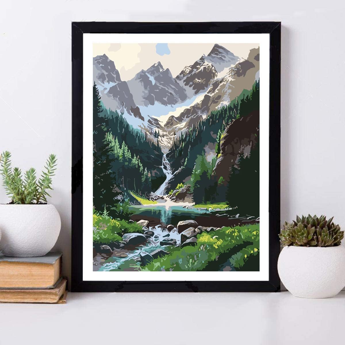Paint by Number Mountains waterfall DIY Painting On Canvas, Paintwork with Paintbrushes Acrylic Paints,Perfect for Paint by Numbers for Adults and Kids Students Beginner