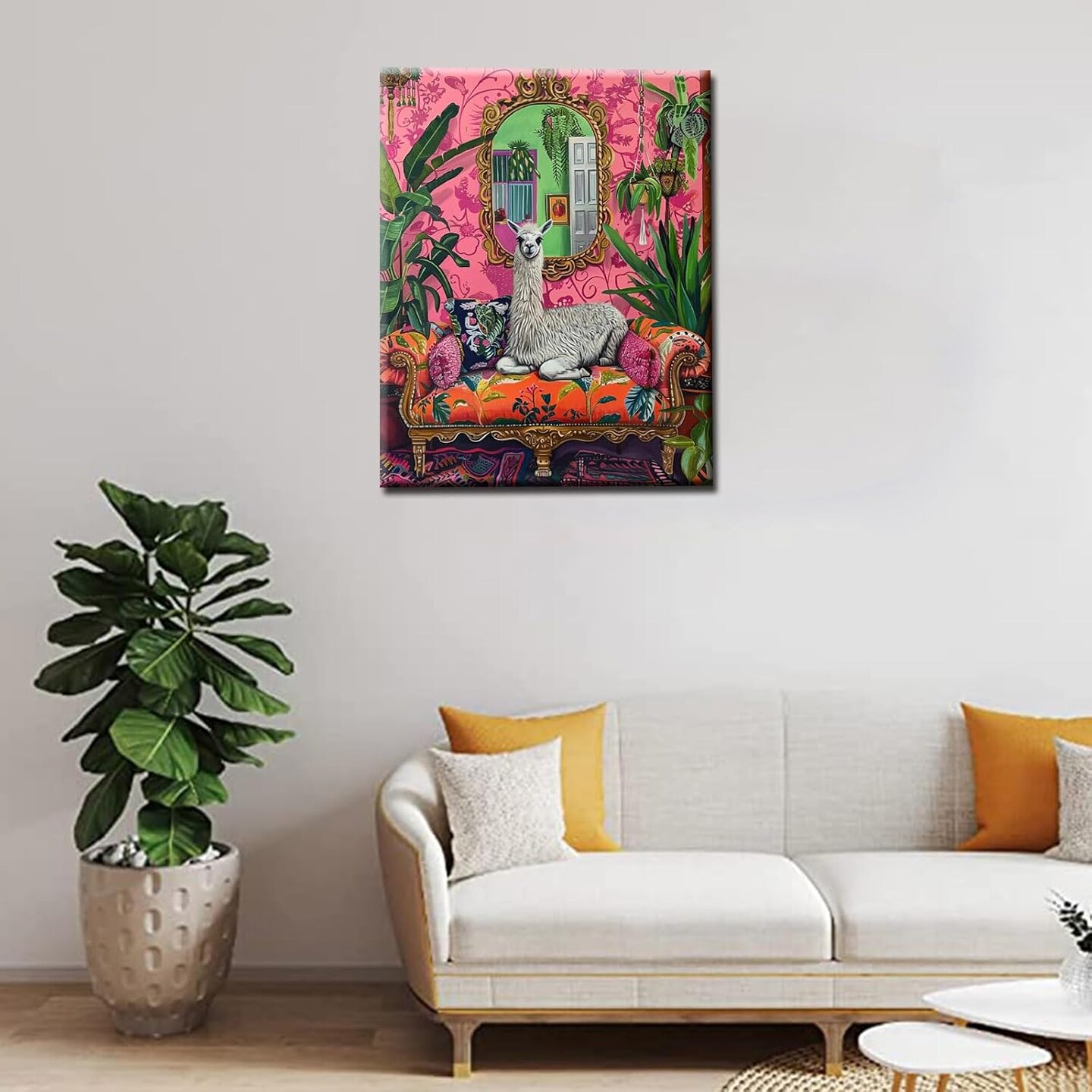 Llama Paint by Numbers Kit for Kids – Tropical Green Leaves Boho Canvas Painting Set with Brushes & Acrylic Paints, No Frame, 16" x 20"