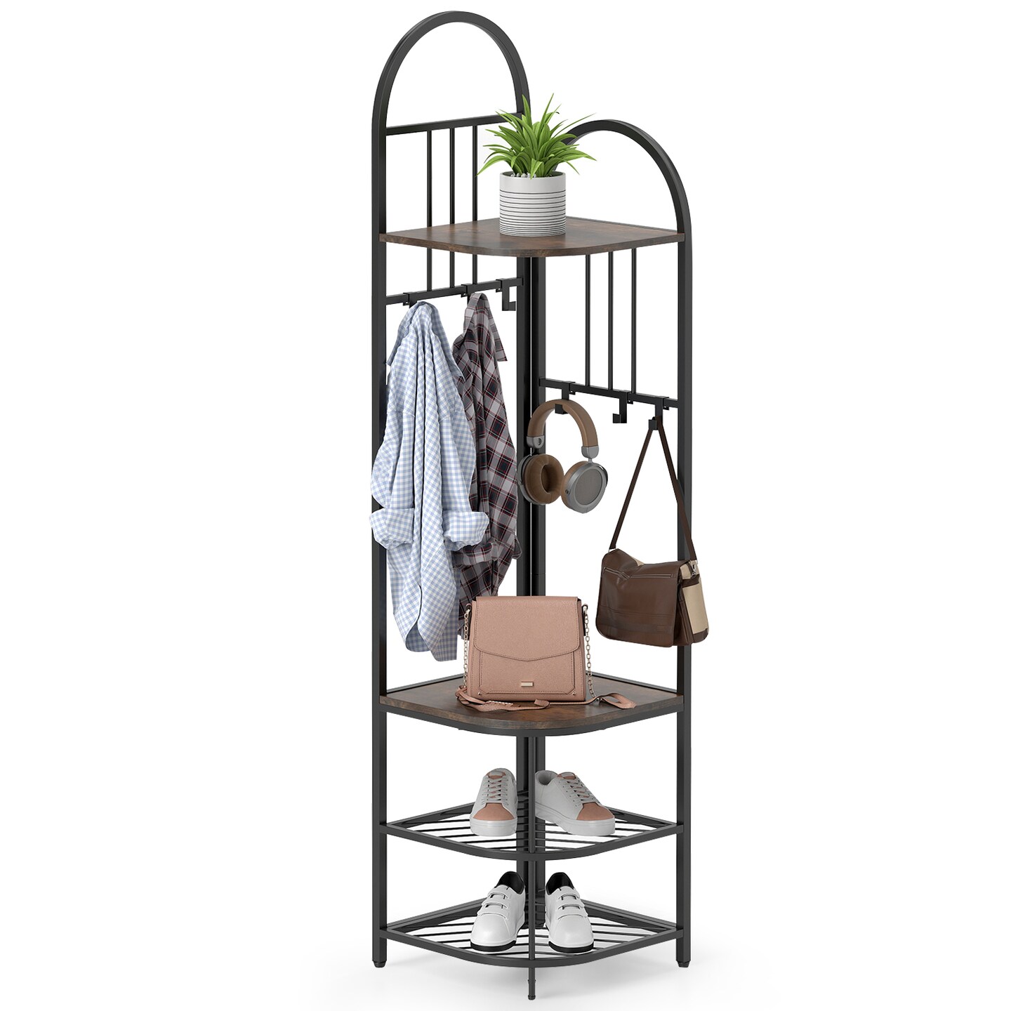 4-Tier Coat Rack Corner Tree with Shoe Bench and Hooks