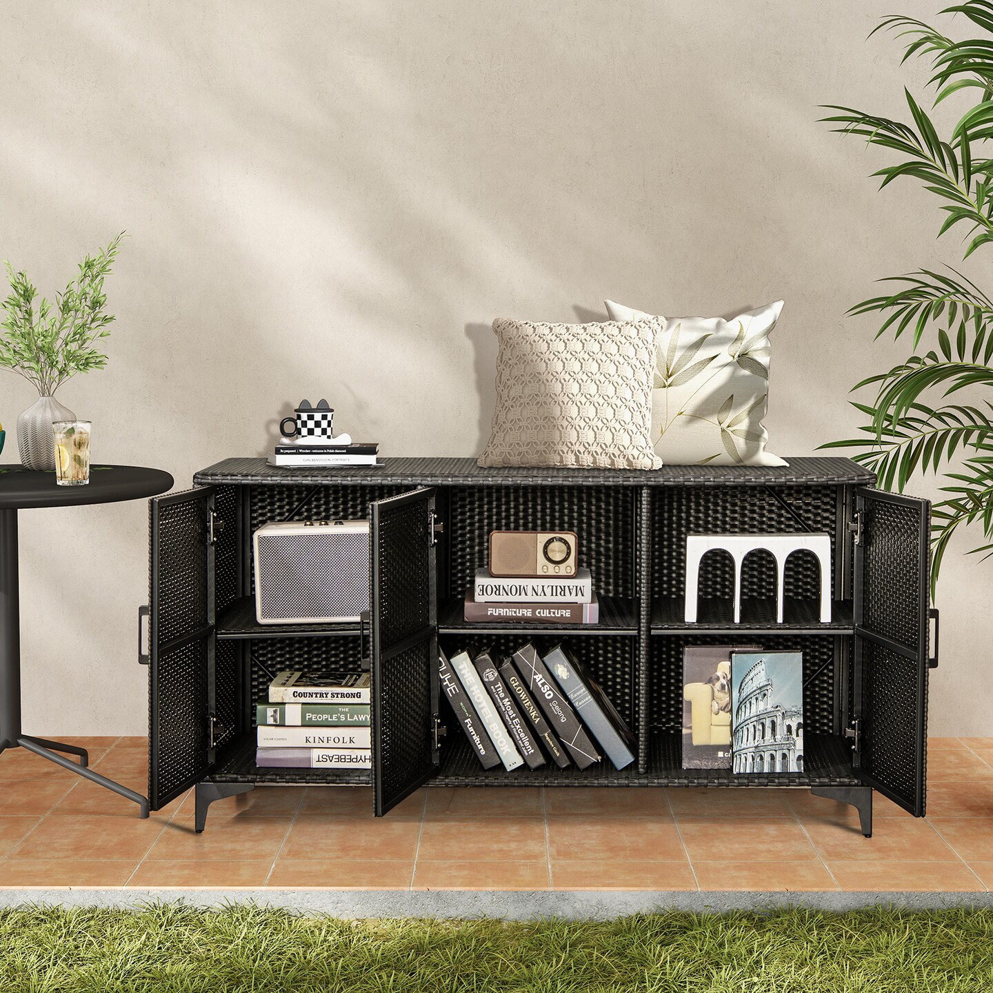PE Rattan and Metal Storage Box with 84-Gallon Capacity and Removable Shelves