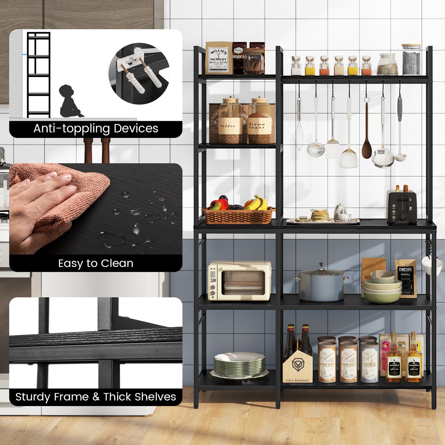 Metal and Wood Kitchen Backers Rack with Charging Ports, 5 Tiers and Anti-Tip Safety