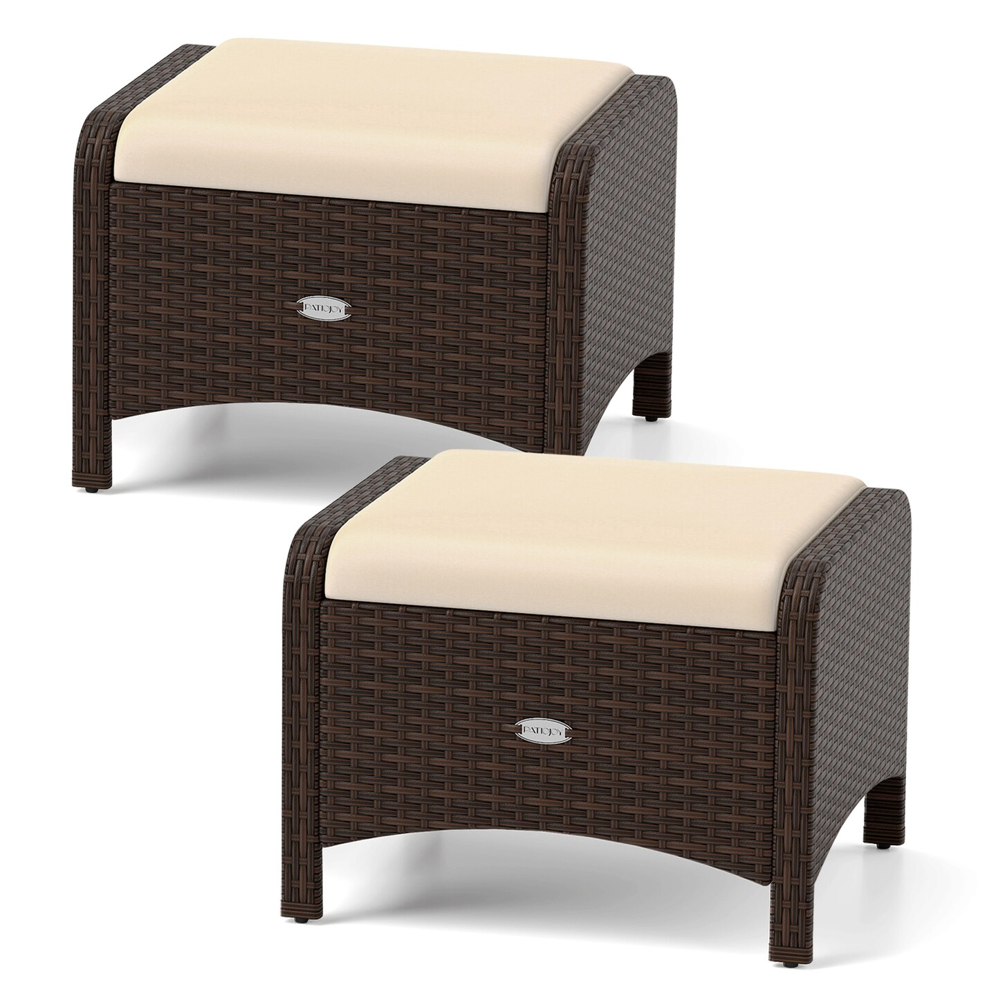 2 Pieces Patio PE Wicker Ottomans with Removable Cushions and Metal Frame