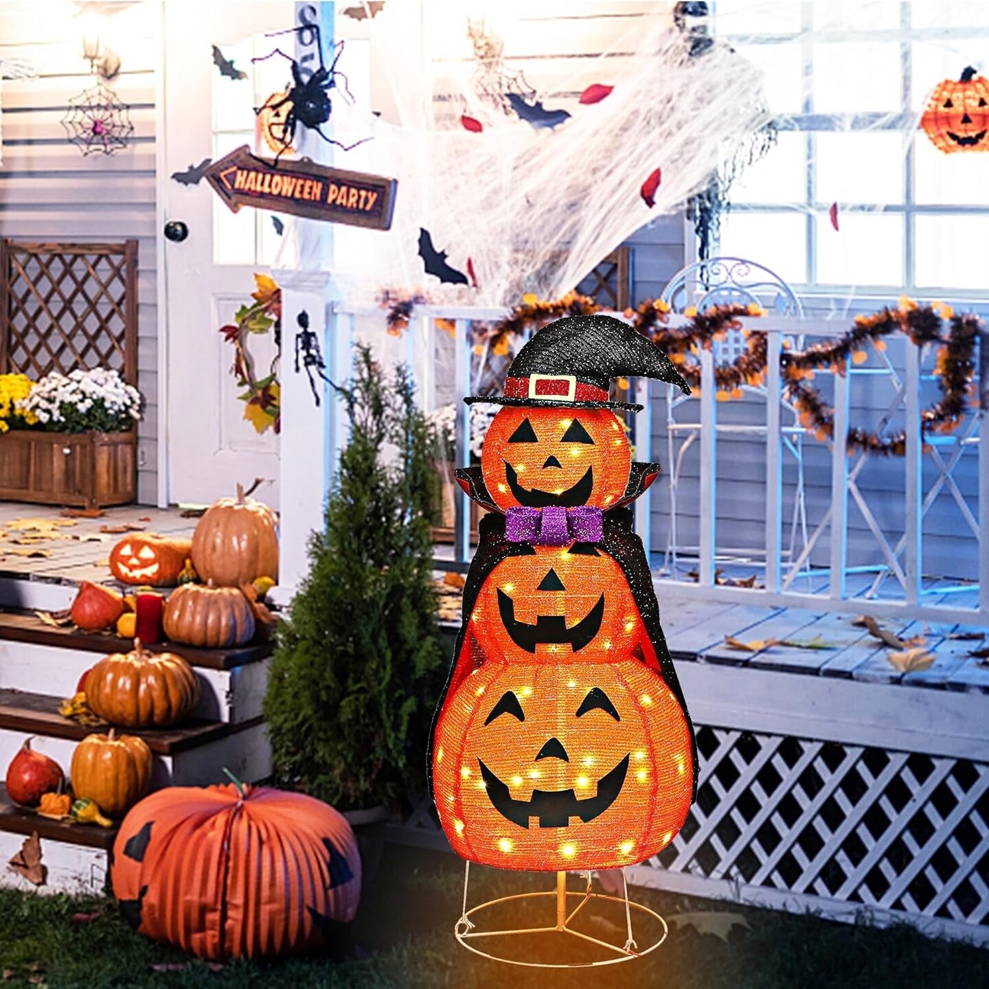 3.5FT Light up Halloween Decoration, 60 LED Collapsible Stacked Pumpkins with Vampire Cloak, Plug-In Pre-Lit Jack-O-Lantern Front Door Porch Indoor Outdoor Decoration