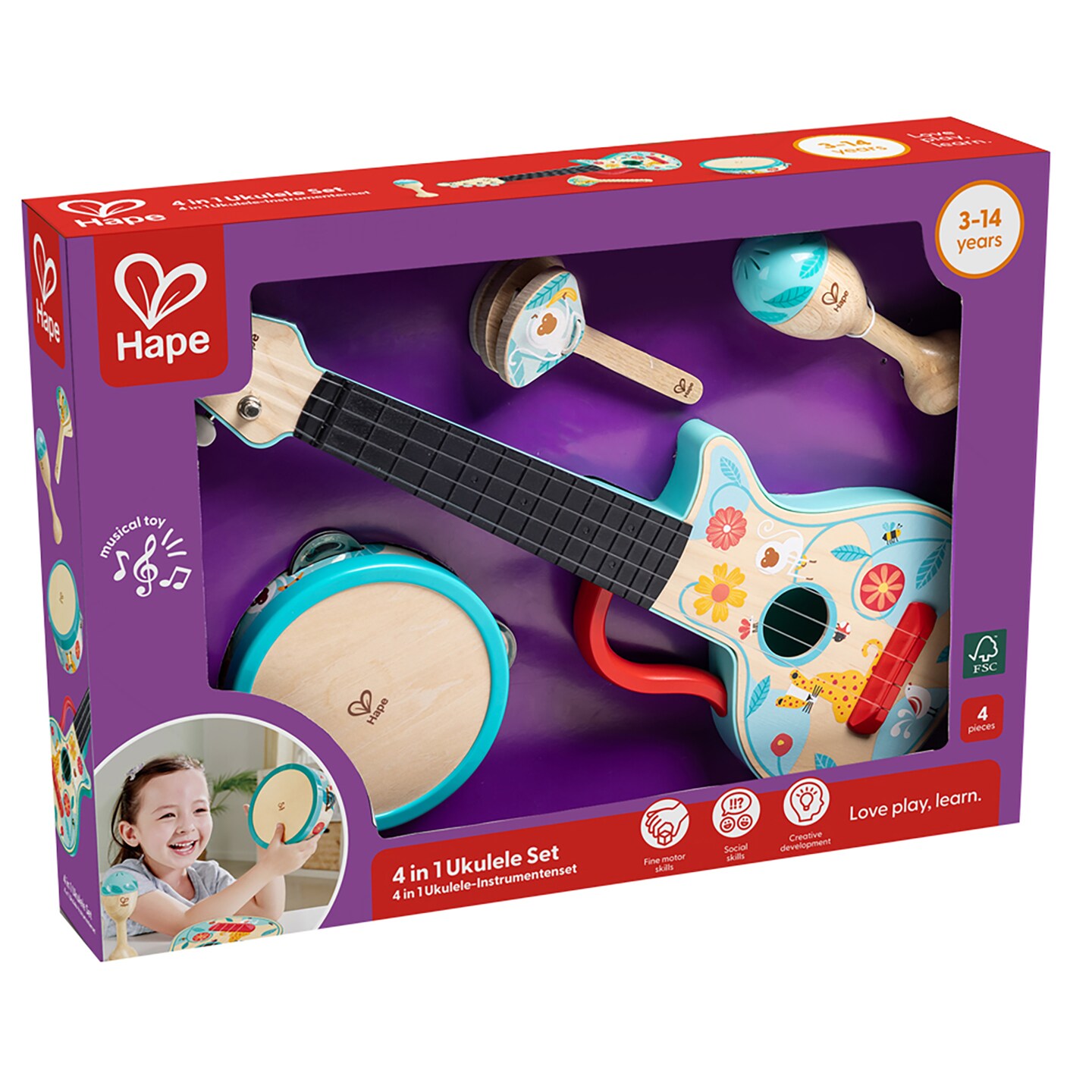 Hape 4 In 1 Ukulele Set 4pc Wooden Instrument Playset Percussions Music Toys Ukulele Maraca Castanet Tambourine Nature Design Kids Ages 3