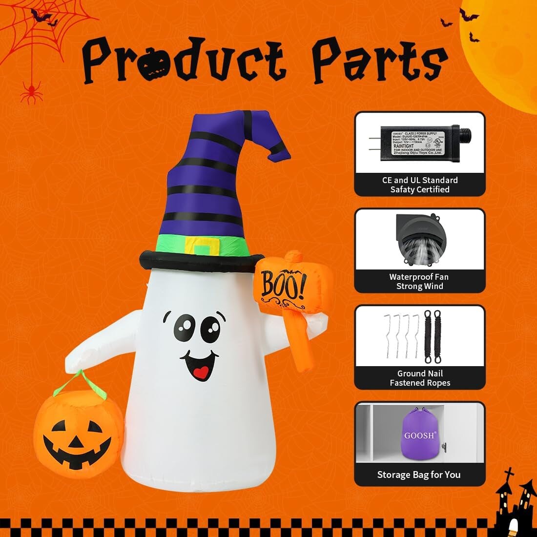 5 FT Halloween Inflatables Ghost Outdoor Decorations Blow up Yard Cute Wizard Ghost with Pumpkin with Built-In Leds for Garden Lawn Indoor Party Holiday Decor
