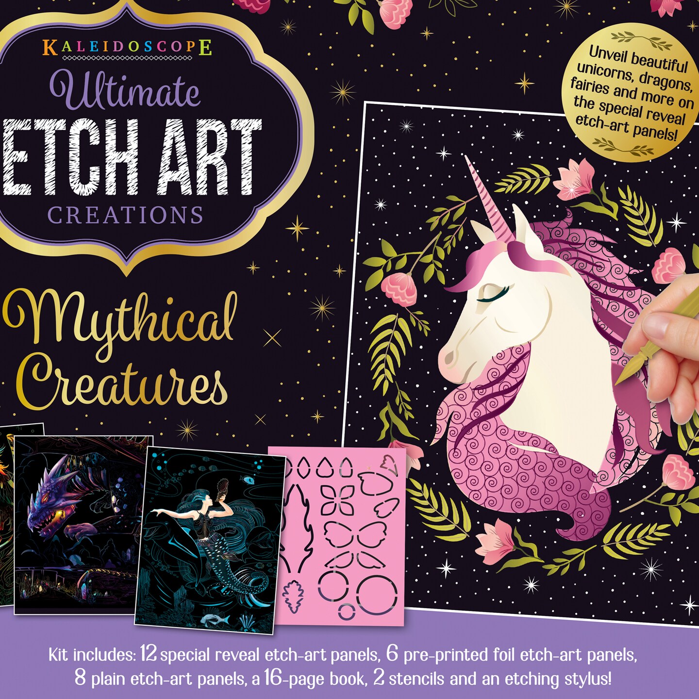 Kaleidoscope - Ultimate Etch Art Kit - Mythical Creatures - Fantasy Etch Art Panels with Unicorns and Dragons - Mess-Free Arts and Craft Kits for Adults
