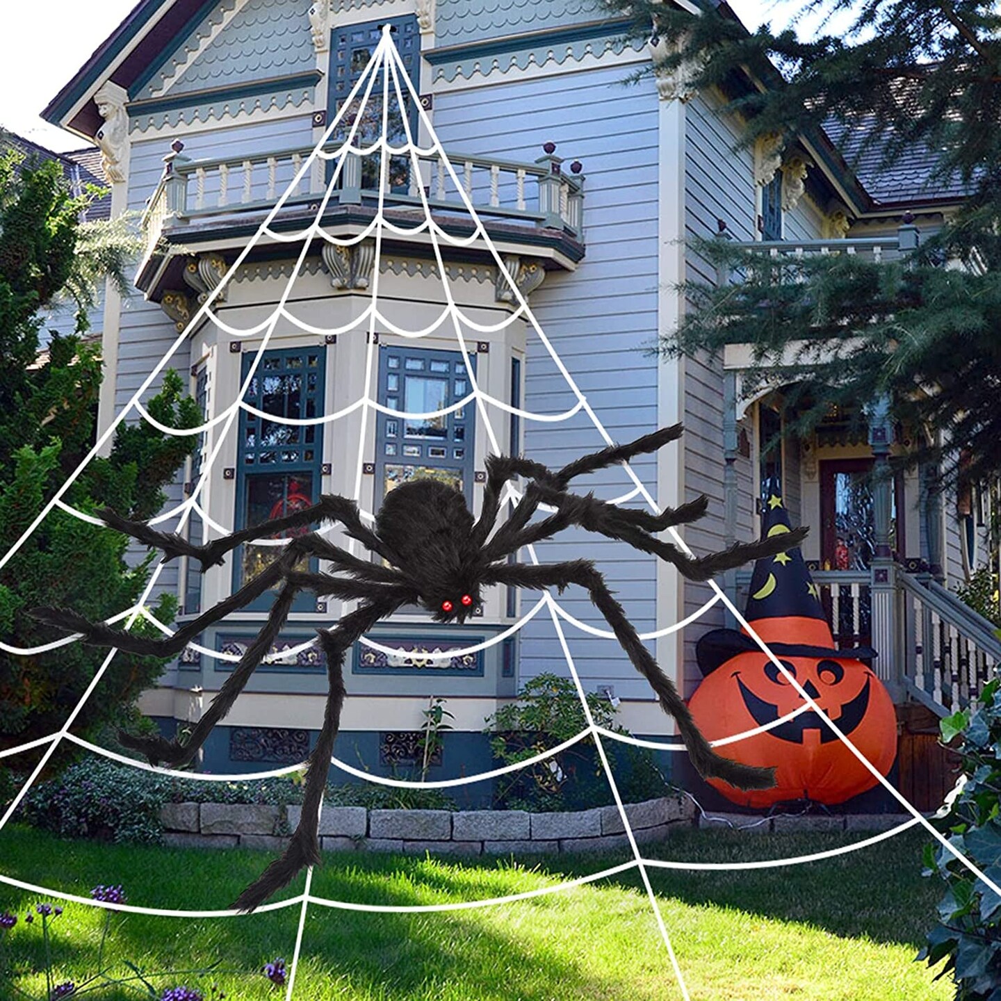 200&#x22; Halloween Spider Web + 59&#x22; Giant Spider Decorations Fake Spider with Triangular Huge Spider Web for Indoor Outdoor Halloween Decorations Yard Home Costumes Parties Haunted House D&#xE9;cor