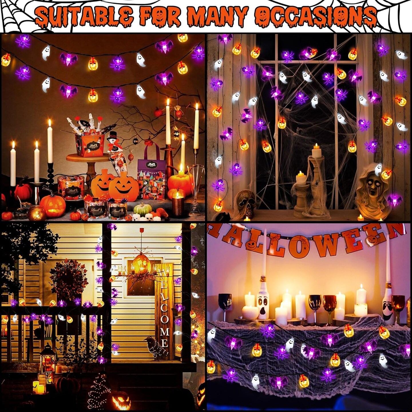 Halloween Solar Lights Decorations Outdoor, 26FT 40 LED 3D Pumpkin Spider Bat Ghost Halloween String Lights with Timer, 8 Modes Waterproof Halloween Decorations Lights for Indoor Home Yard Party Decor