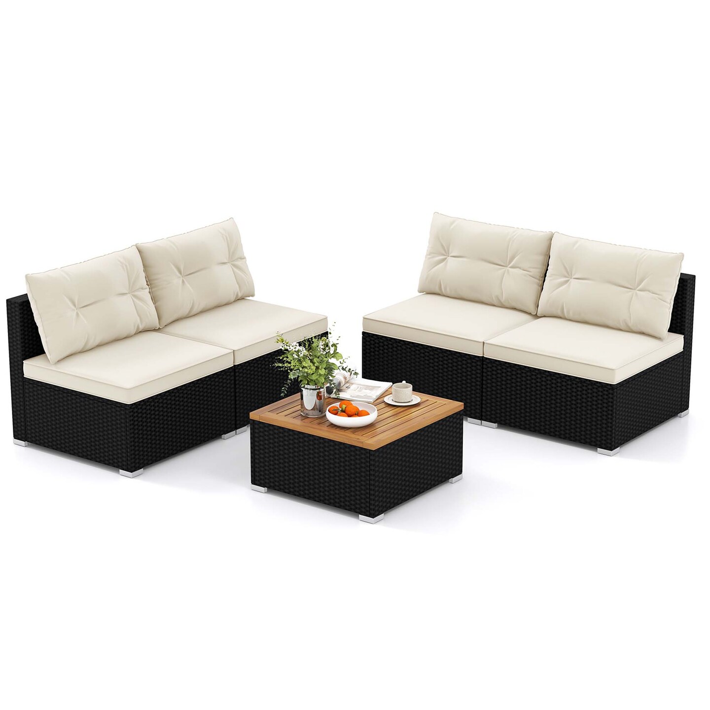 Costway 5 Piece Outdoor Furniture Set with Seat &#x26; Back Cushions Acacia Wood Tabletop