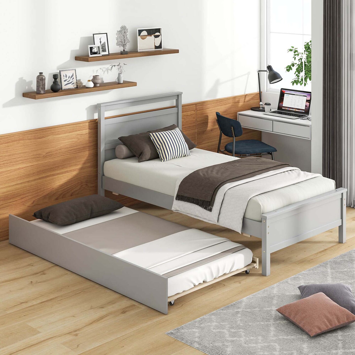 Costway Twin Size Platform Bed with Trundle Pull-out Trundle Headboard & Footboard Gray/White