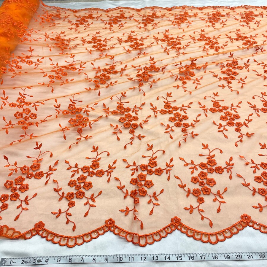 1 Yard - Beaded Lace Fabric Embroidered on 100% Polyester Net Mesh - Ivory - 52"