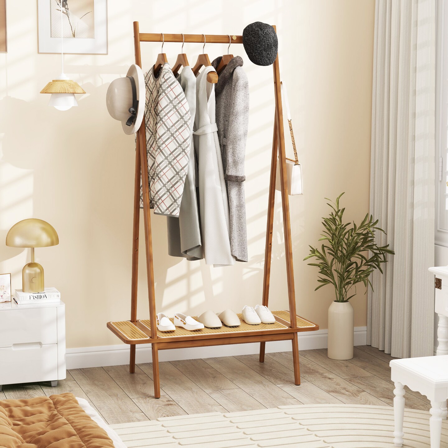 Wicker Clothes Rack with Hanging Rod Rattan Shelf and Copper Hooks