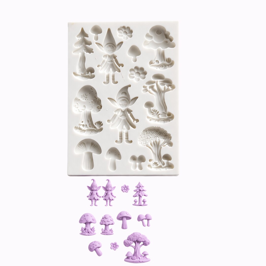 Fairy Garden Silicone Mold – Fairies, Mushrooms, Trees & Flowers Fondant Mold