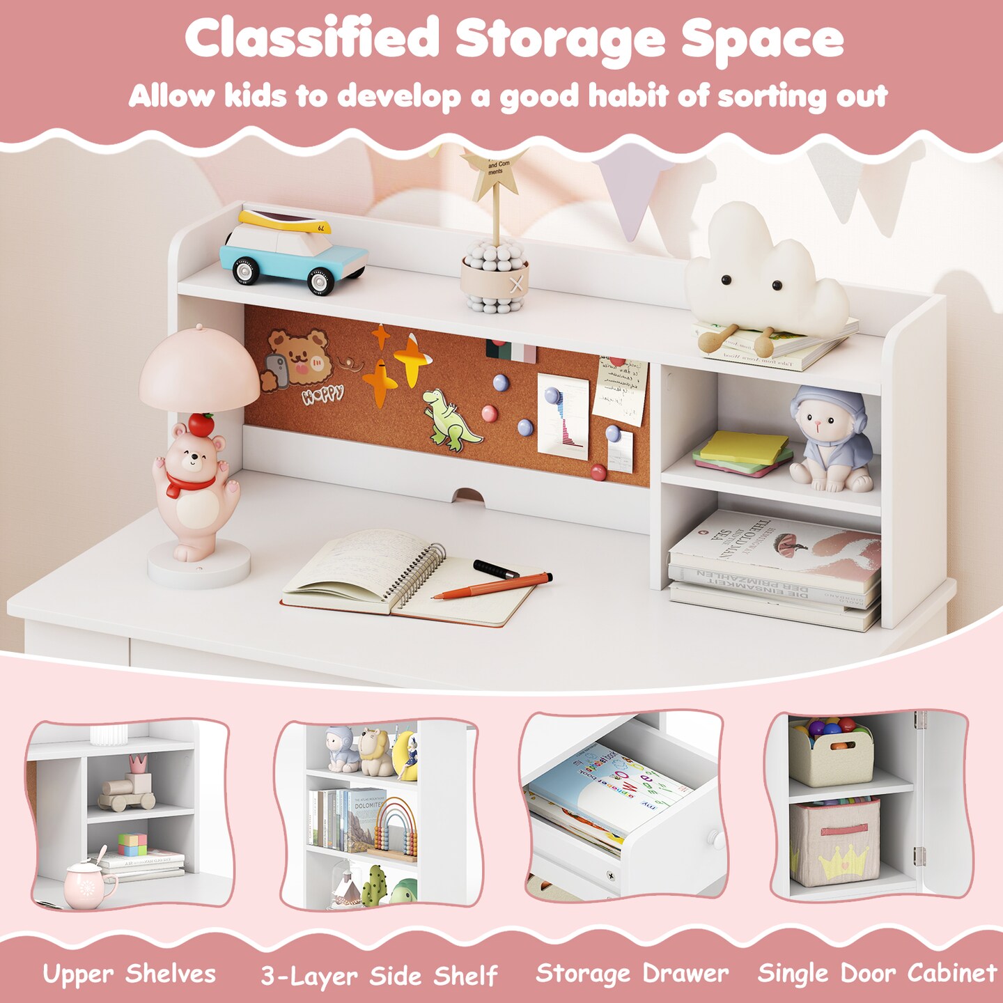 Kids Study Desk Set With Chair Hutch 3-Tier Side Shelf Writing Drawing Table