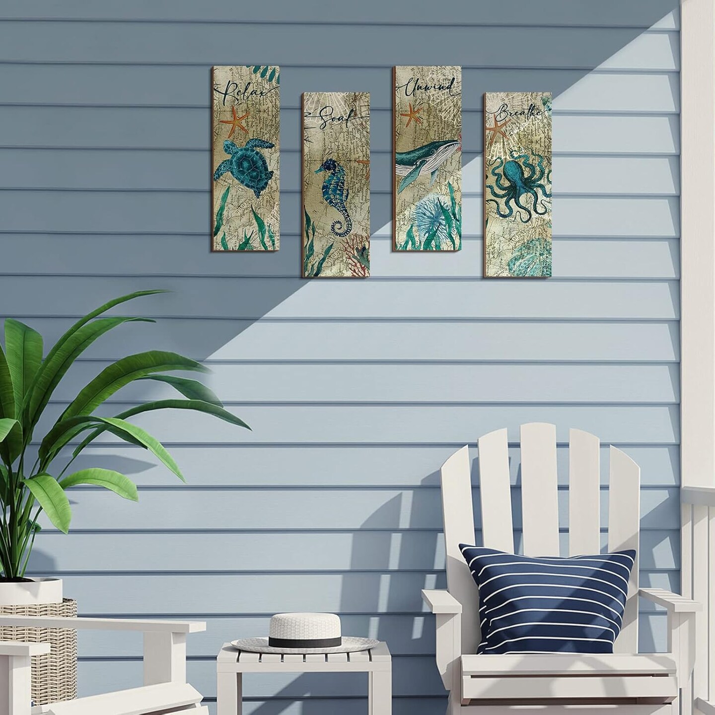 4 Pieces Summer Beach Bathroom Decor Wall Sign Ocean Decor Sea Turtle Wall Art