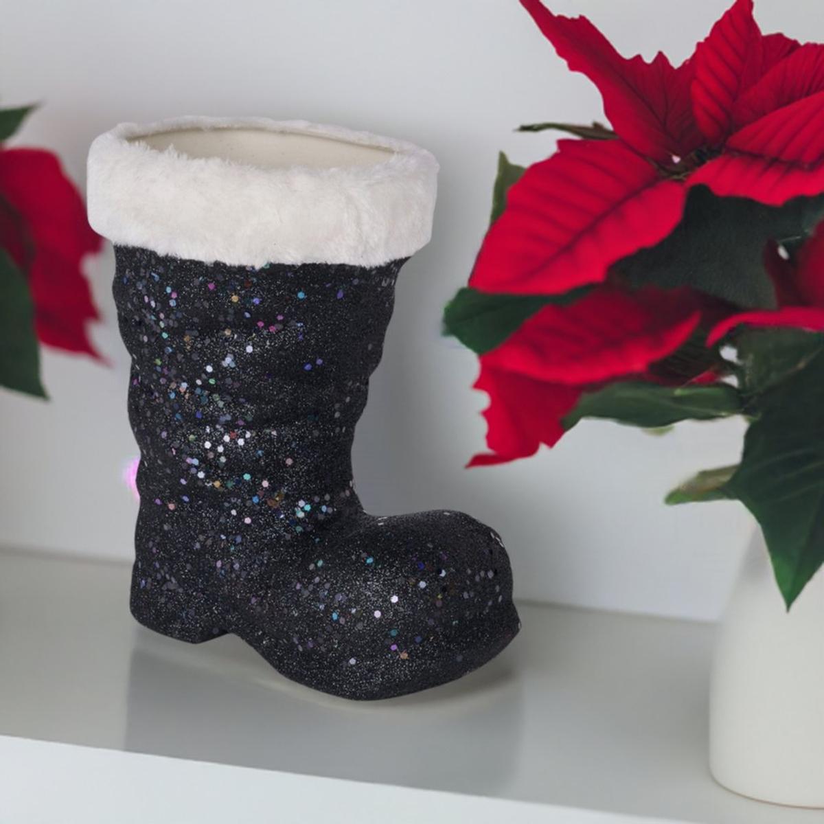 9.5&#x22; Glitter Fur Santa Boot: Black