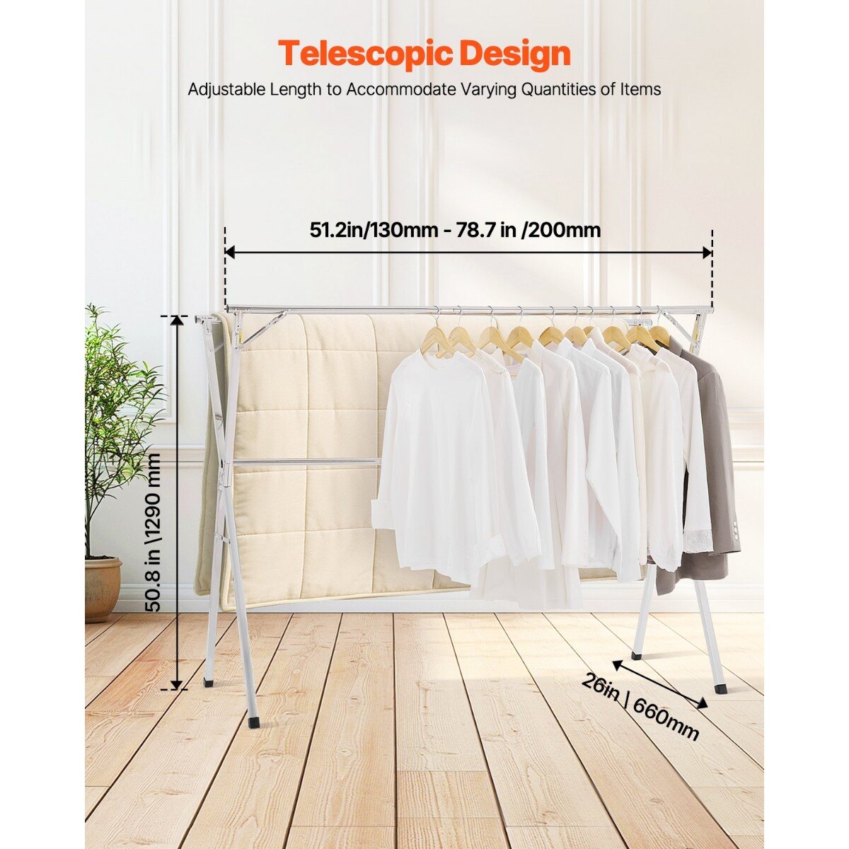 Foldable Stainless Steel Clothes Drying Rack 2-Tier with 3 Rods Adjustable Length