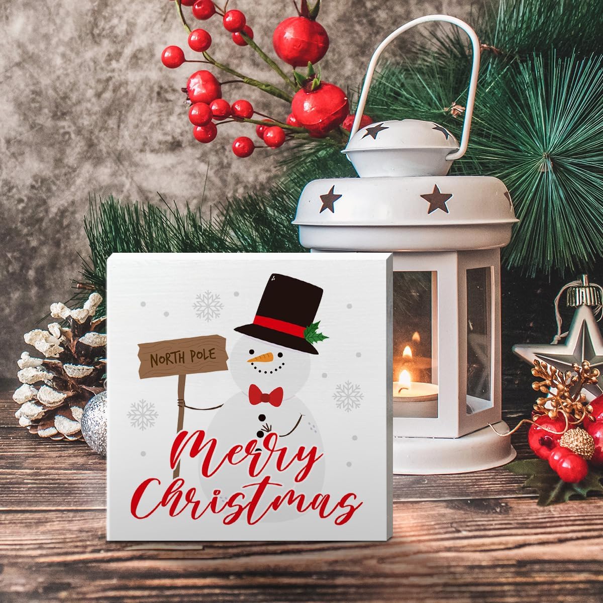 Merry Christmas Table Wooden Box Sign Decor, North Pole, Holiday Table Decor Snowman Xmas Tabletop Decorations for Home Kitchen Bedroom Shelf Office Desk Decor