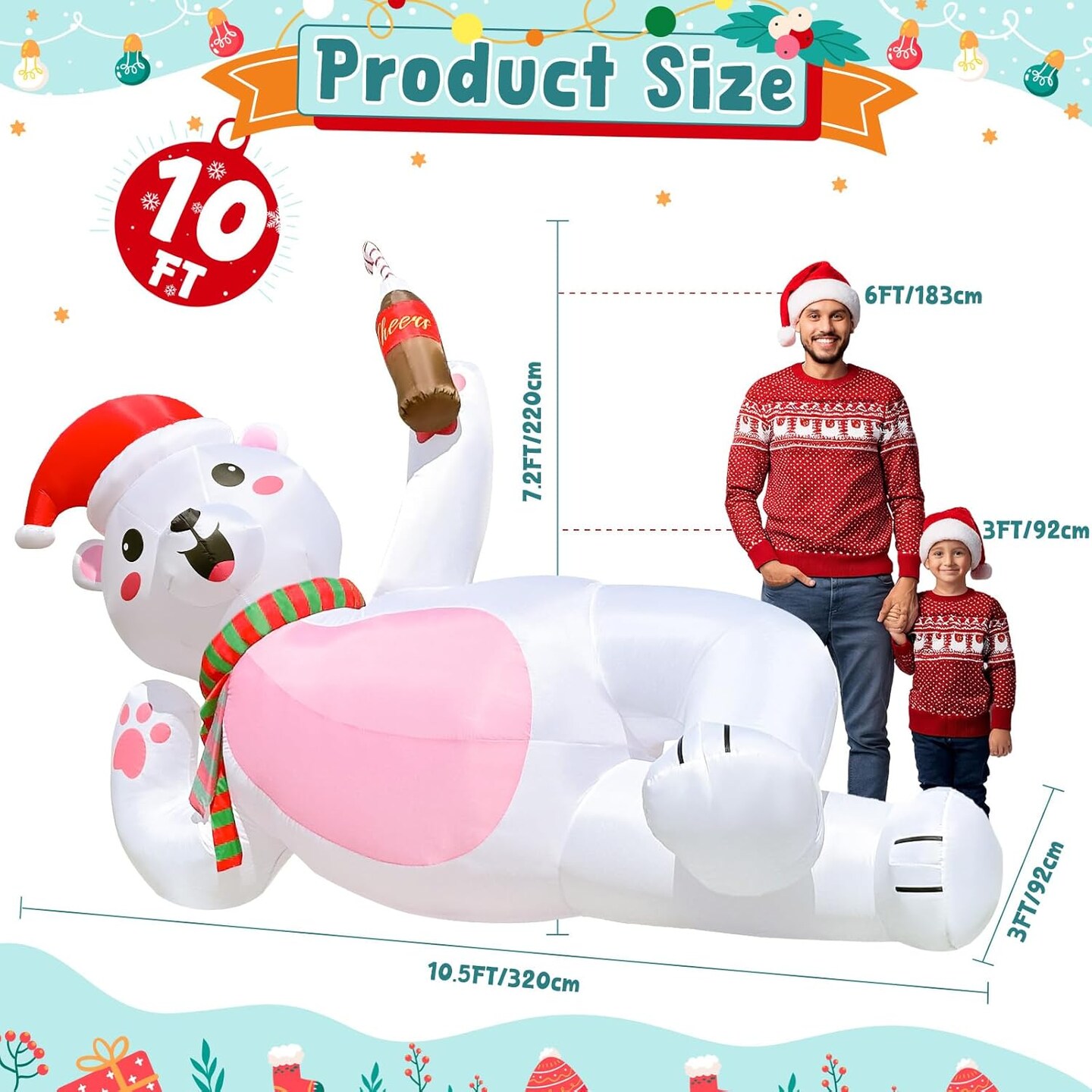 10FT Christmas Inflatables Lying Inflatable Polar Bear Christmas Decorations, Cute Christmas Blow Ups Polar Bear Decor Built-in LED Lights for Yard Lawn Garden Outdoor Christmas Decor