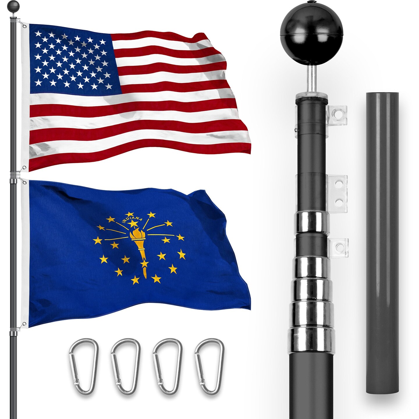 G128 Combo Pack: 20 Ft Telescoping Aluminum Flagpole (Black) & American and Indiana Flags 3x5 Ft, Both StormFlyer Series Embroidered 220GSM Spun Polyester | Pole with Flags Included
