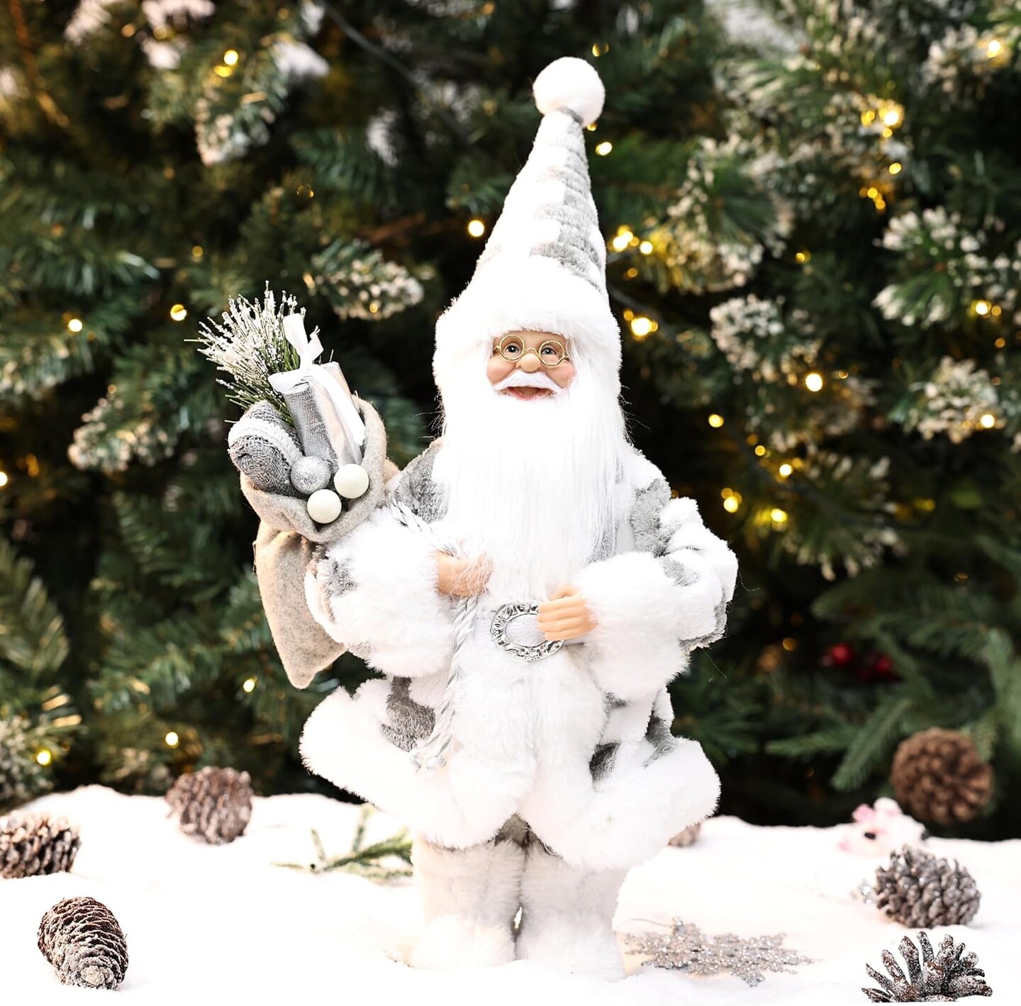 13.8inch Santa Claus Figurines Fluffy Christmas Standing Santa Figure Decorations Gift for Xmas Outdoor Indoor Home Office Ornaments Grey White Plaid
