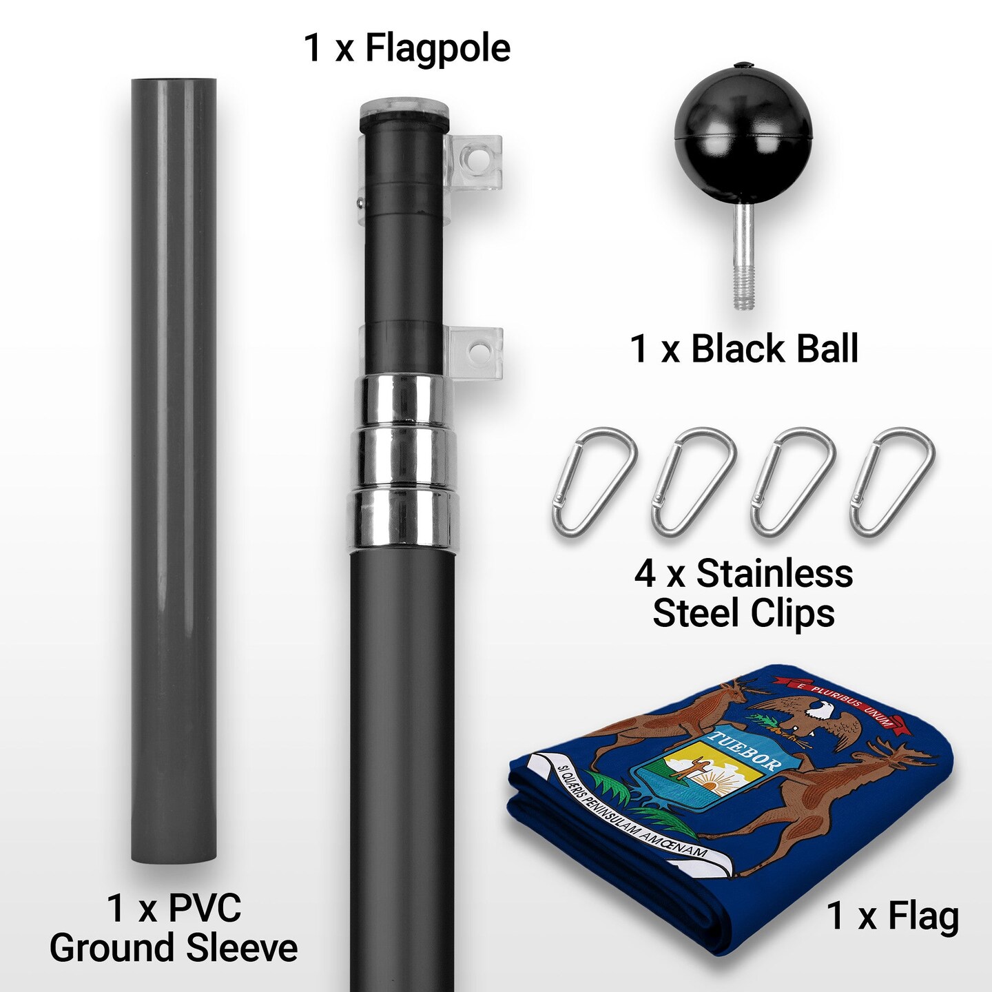 G128 Combo Pack: 16 Ft Telescoping Aluminum Flagpole (Black) &#x26; Michigan MI State Flag 3x5 Ft, ToughWeave Series Embroidered 300D Polyester | Pole with Flag Included