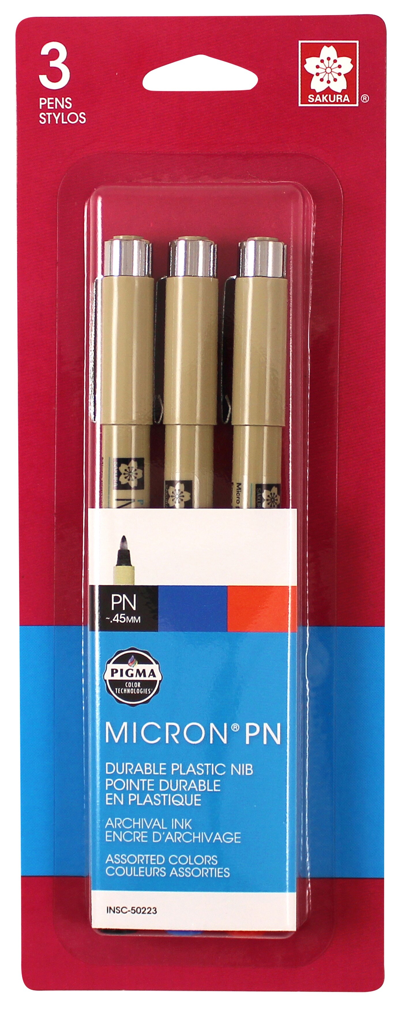 Sakura Pigma Micron PN Pens .45mm 3/Pkg-Black, Blue &#x26; Red