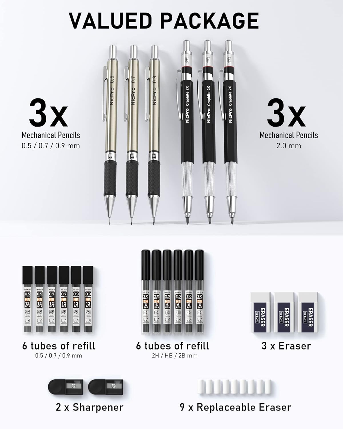6PCS Art Mechanical Pencil Set, 3PCS Metal Drafting Pencil 0.5 mm, 0.7 mm, 0.9 mm, and 3PCS 2mm Graphite Lead Holder (2B, HB, 2H) For Writing, Sketching, Drawing With Lead Refill Case