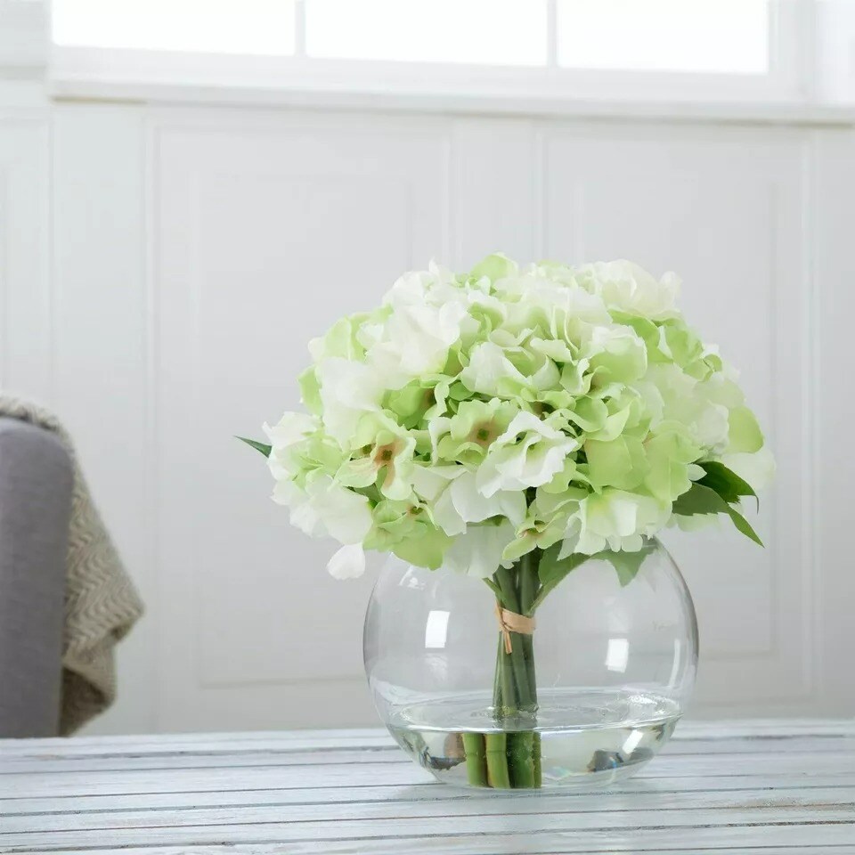Floral Centerpiece in Glass Vase Hydrangea Artificial Flowers with Leaves Faux