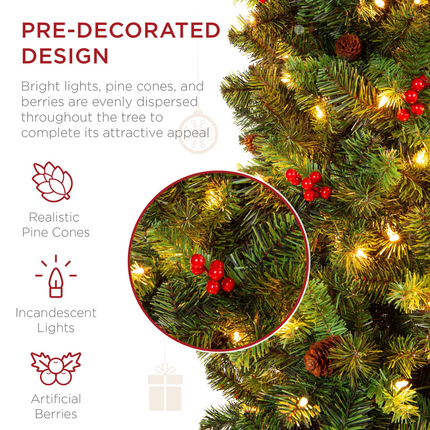 Best Choice Products Pre-Lit Pencil Christmas Tree Pre-Decorated Holiday Accent w/ Base