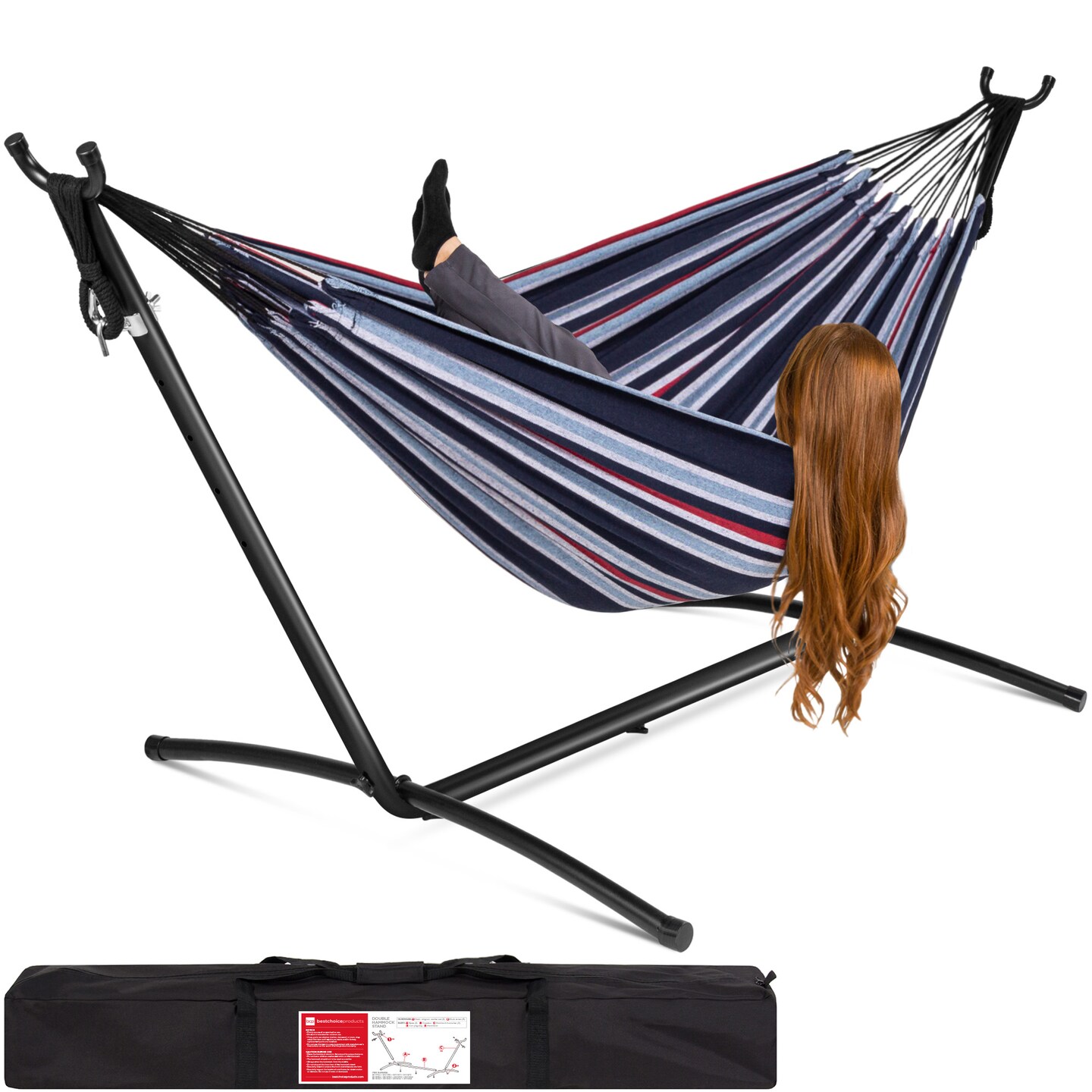 Best Choice Products 2-Person Brazilian-Style Cotton Double Hammock with Stand Set w/ Carrying Bag