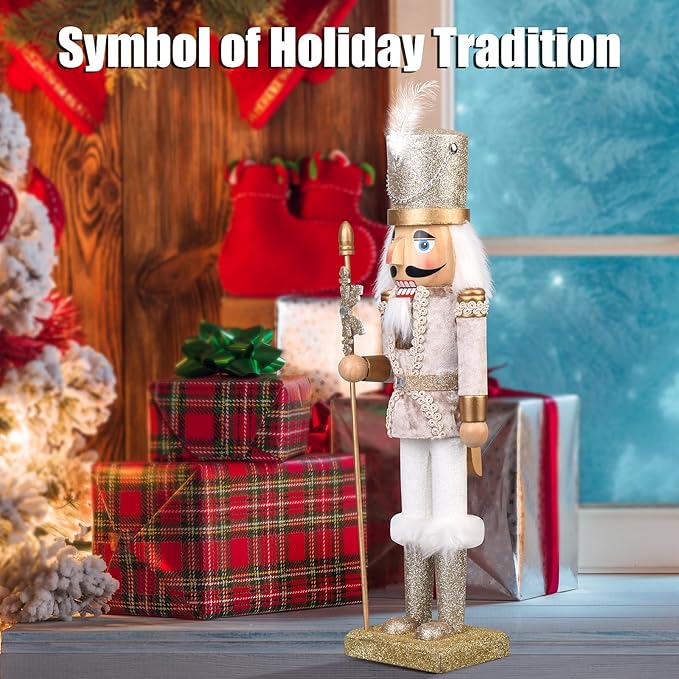 Wooden Christmas Soldier Nutcracker Decorations, 15 Inch Nutcracker Figure Christmas Decor for Shelves and Tables (Gold)