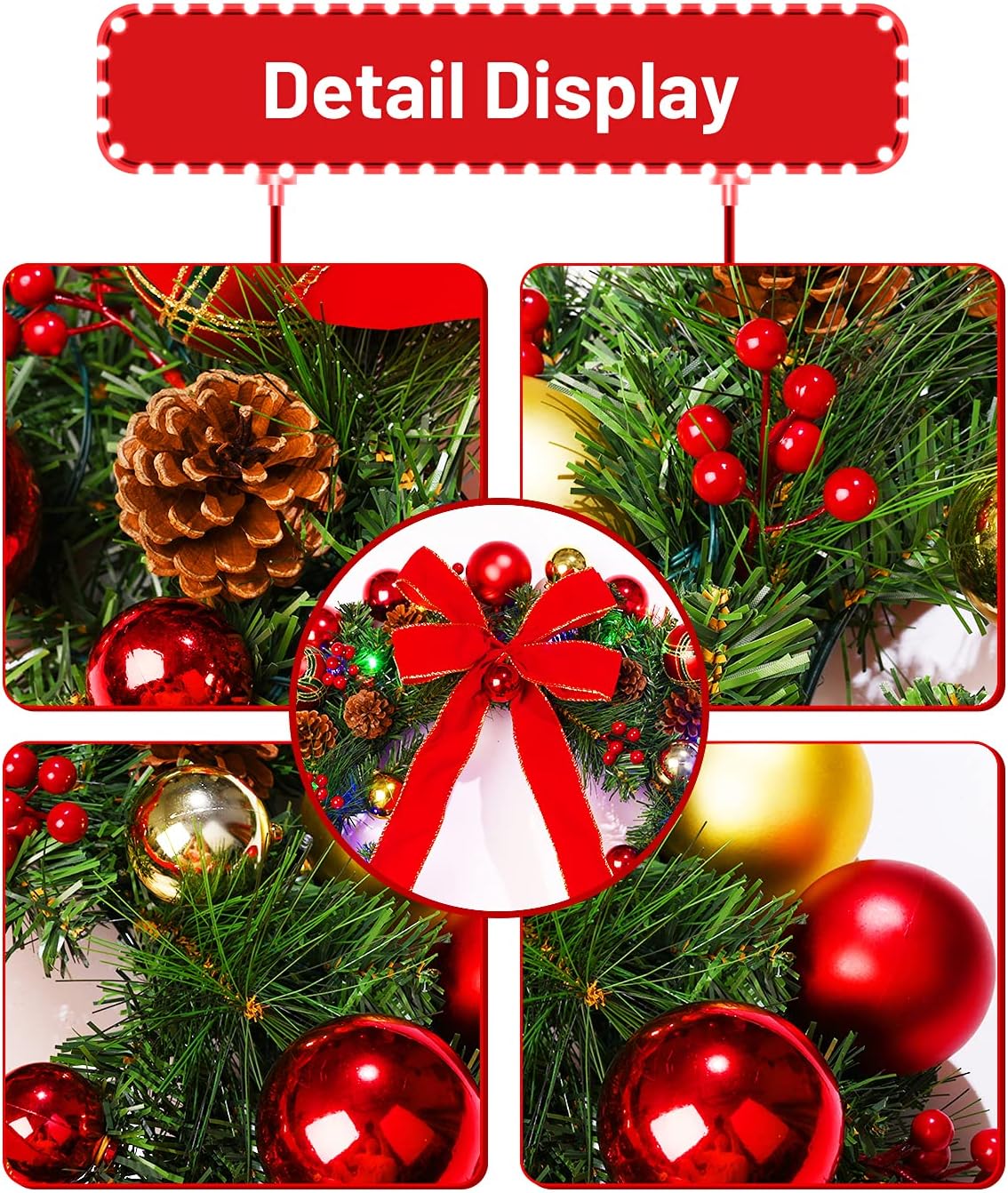 24 Inch Prelit Christmas Wreaths with 60 Lights for Front Door, Vlorart Large Lighted Christmas Wreath with Red Bow, Berries, Colored Balls, Battery Operated with Timer for Home Outdoor Decoration