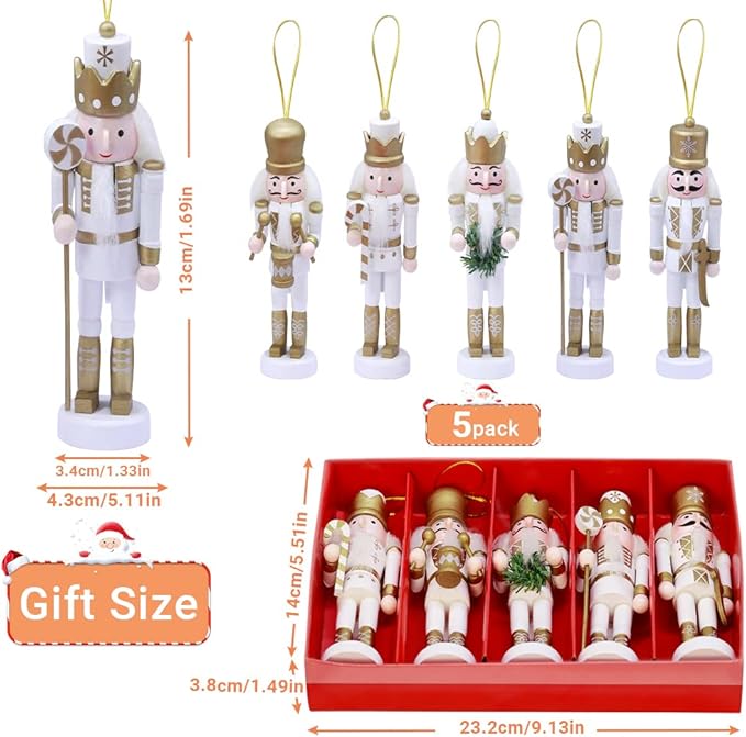 5 PCS Christmas Nutcracker Ornament Set, Nutcracker Figures with Opening Mouths Christmas Decorations for Xmas Tree, Table Decor (White Gold, 5.3&#x27;&#x27;, Set of 5pcs)