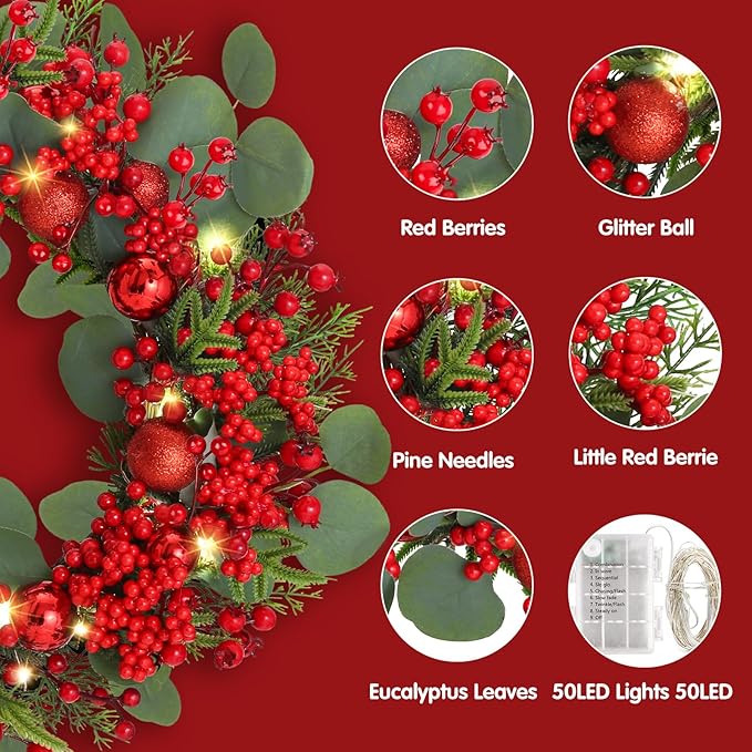 Christmas Wreath with Lights, 20inch Pre Lit Winter Wreath for Front Door, Artificial Door Wreaths with Berries Pine Needles 8 Lighting Modes Timer for Fireplace Window Farmhouse Xmas Decor