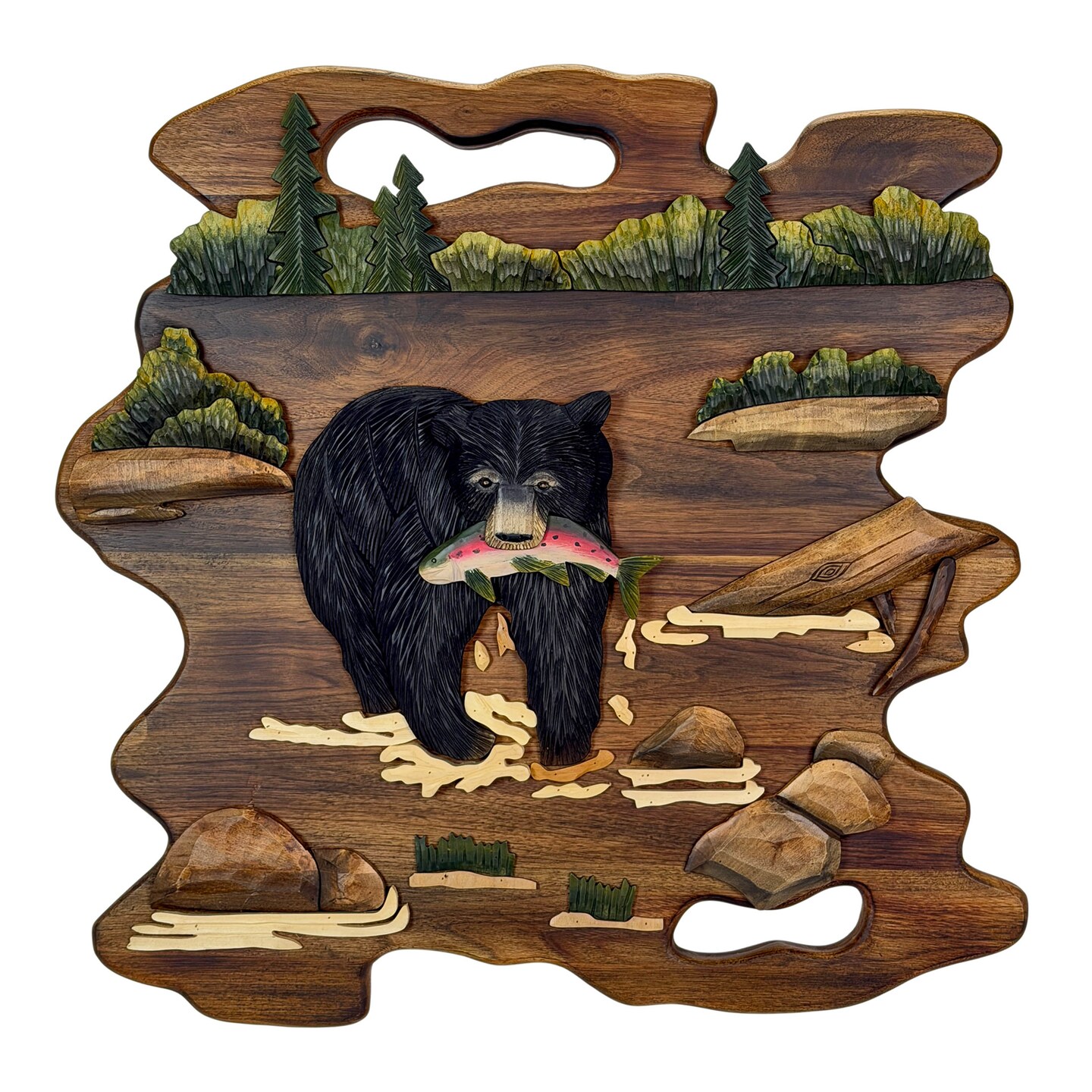 Bear Fishing Wood Wall Sculpture 23.5in Rustic Intarsia Cabin Lodge Decor