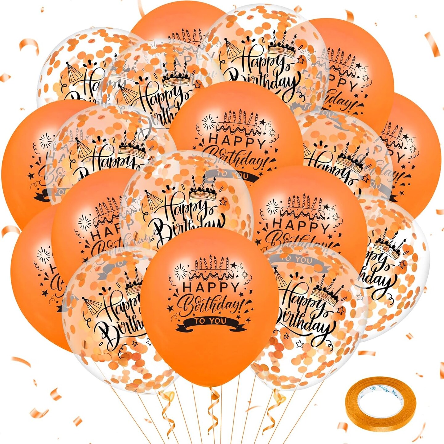 18Pcs - Orange Happy Birthday Balloons,Birthday Latex Confetti Balloons