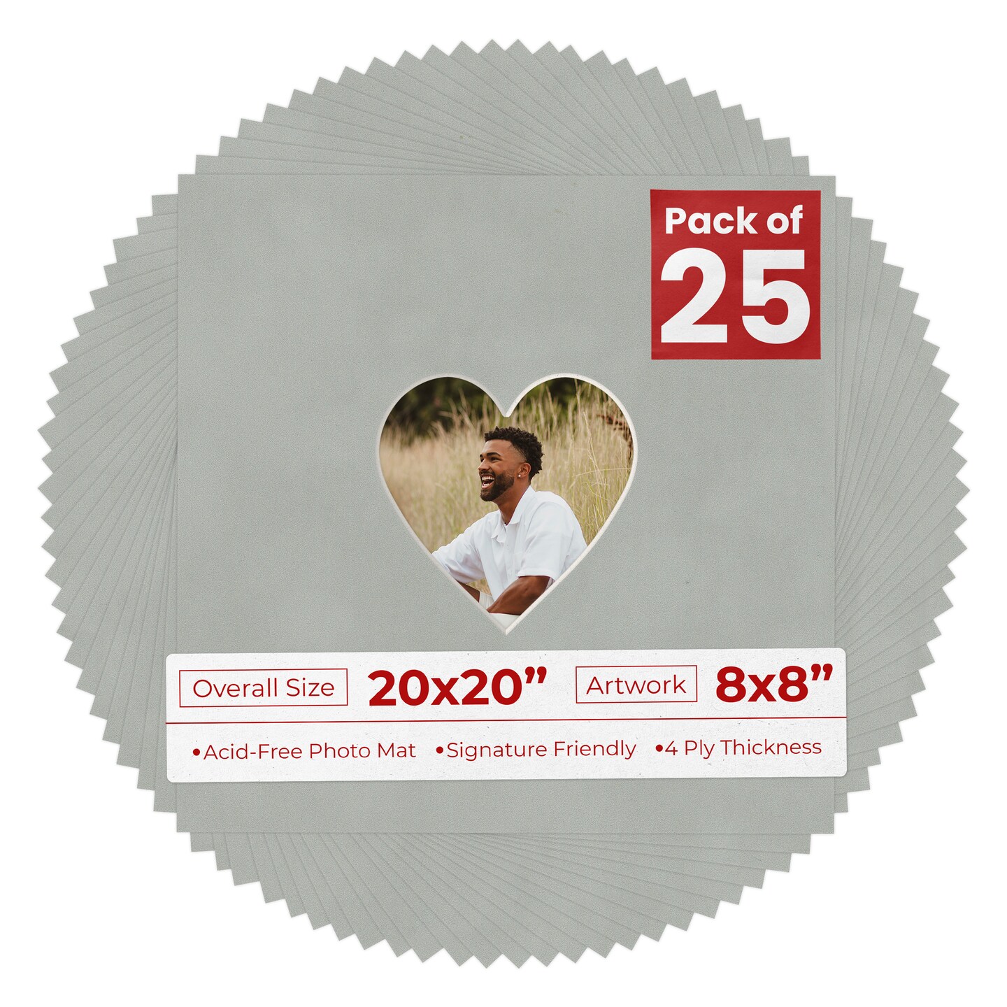 Light Grey Suede Mat Board for 20x20 Frames - Heart Opening for 8x8 Photos