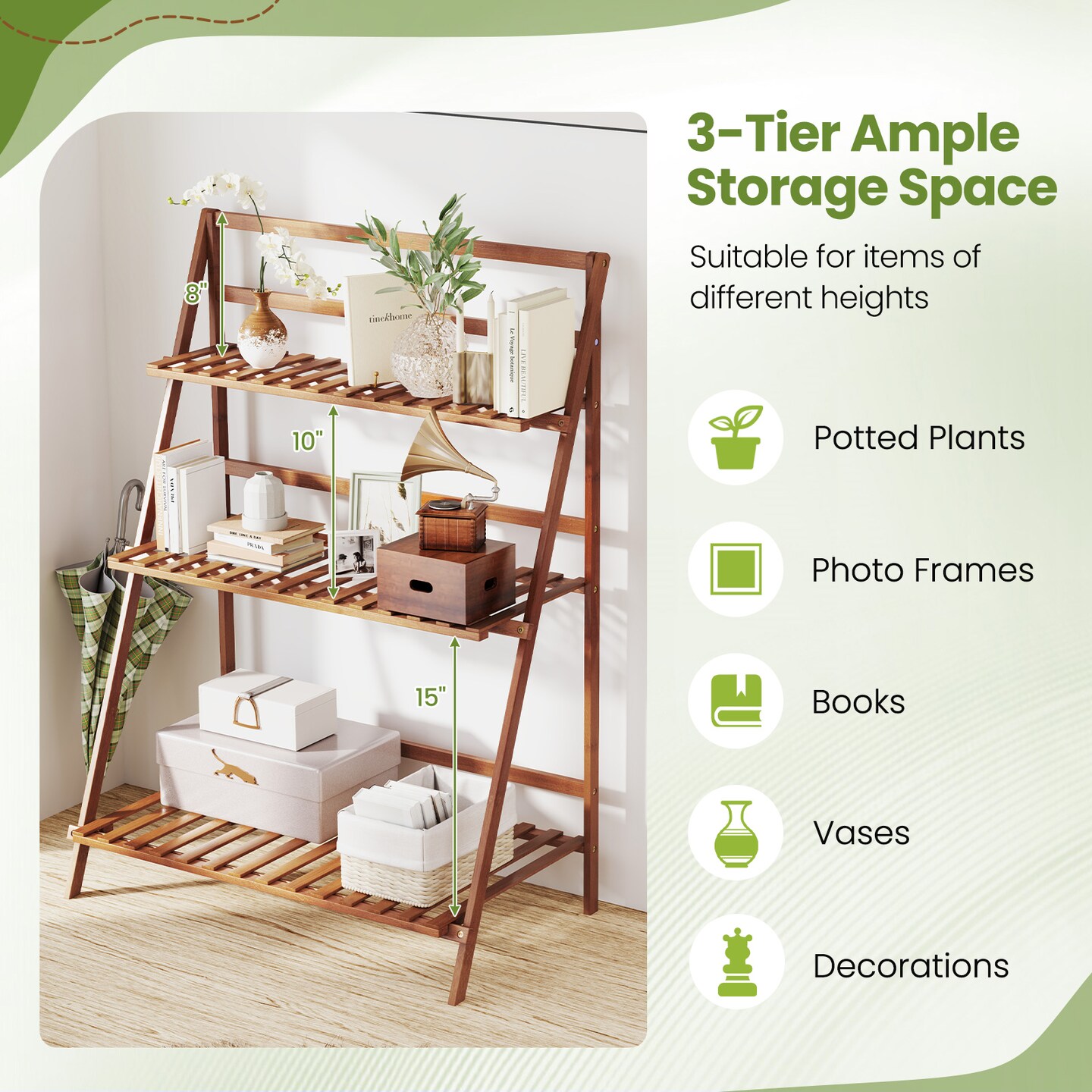 Wicker 3-Tier Storage Shelf Ladder Style Big Capacity Bookshelf for Home