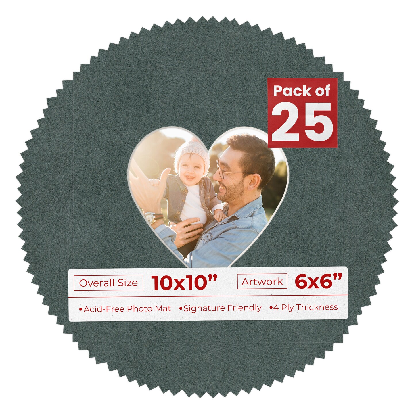 Dark Grey Suede Mat Board for 10x10 Frames - Heart Opening for 6x6 Photos