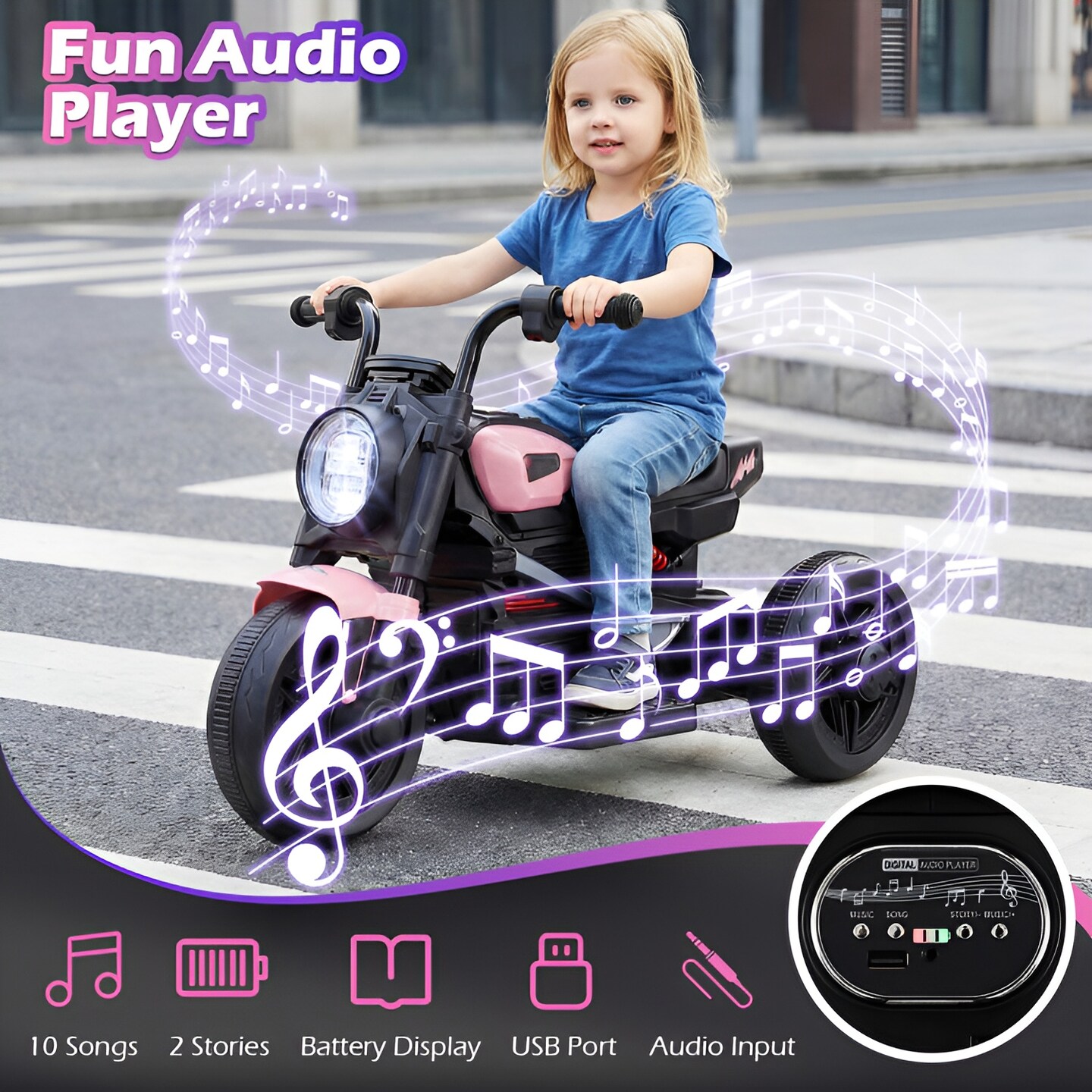 6V Kids Ride-On Motorcycle with Headlight, Music for kids 3–5