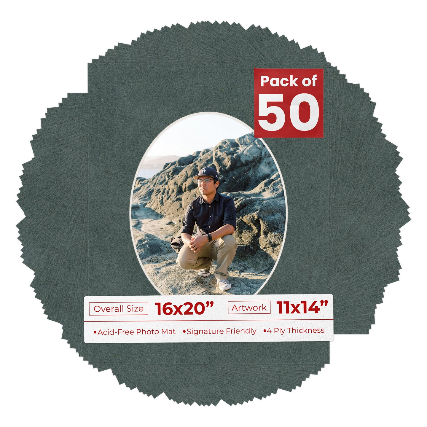Dark Grey Suede Mat Board for 16x20 Frames - Oval Opening for 11x14 Photos