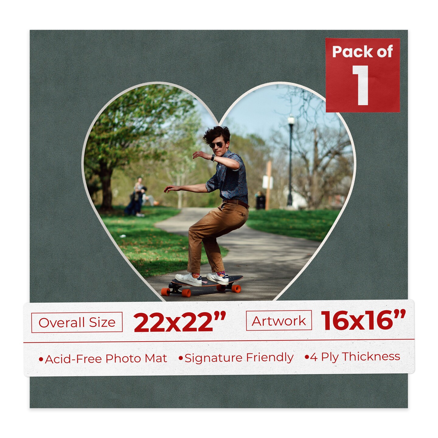 Dark Grey Suede Mat Board for 22x22 Frames - Heart Opening for 16x16 Photos