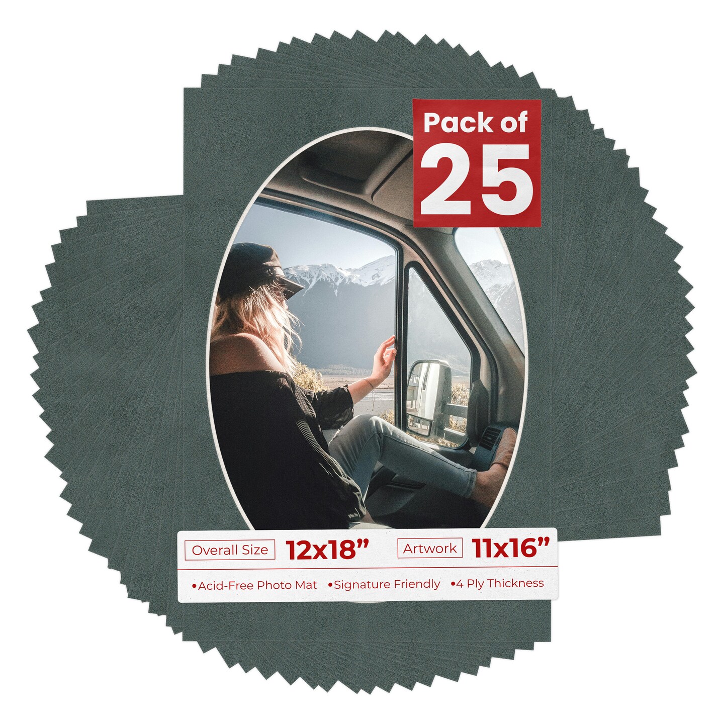 Dark Grey Suede Mat Board for 12x18 Frames - Oval Opening for 11x16 Photos