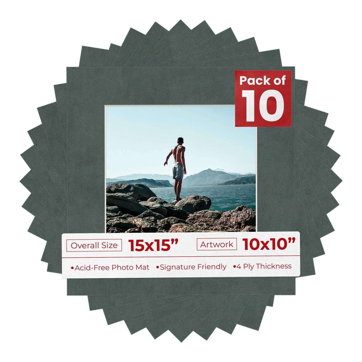 Dark Grey Suede Mat Board for 15x15 Frames - Fits 10x10 Photos