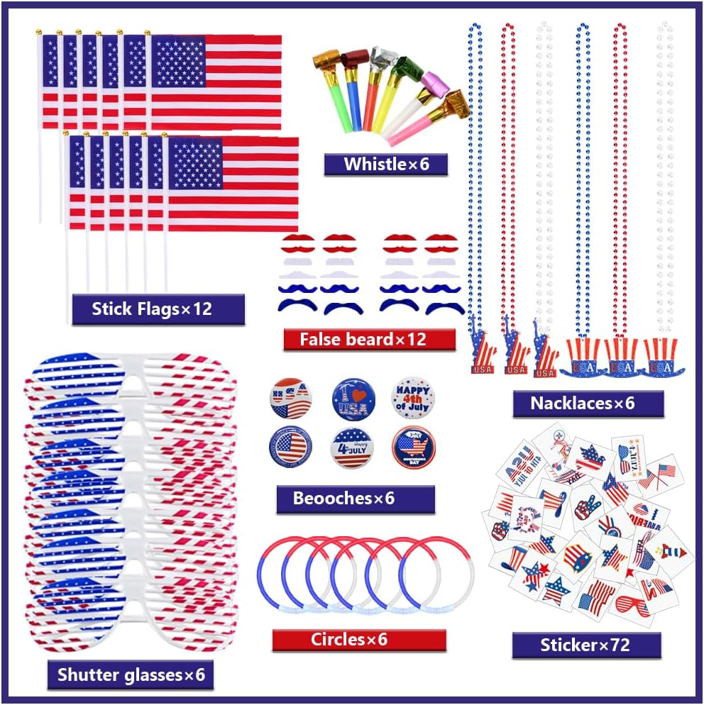 4th of July Party Favors, 126 Pcs Patriotic Accessories USA Flags Sunglasses Necklaces Glow Sticks(Blue, White, Red)