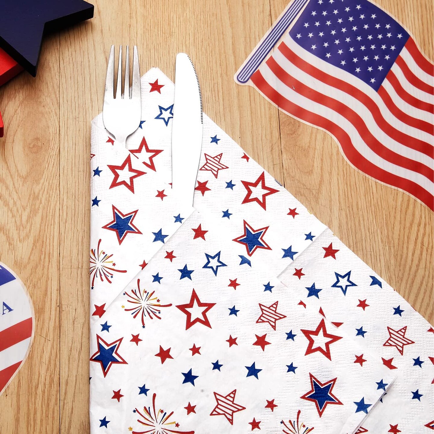 50 Pack Patriotic Party Supplies Stars Firework Paper Napkins 4th of July 6.5'' X 6.5'' Red, White,Blue.​