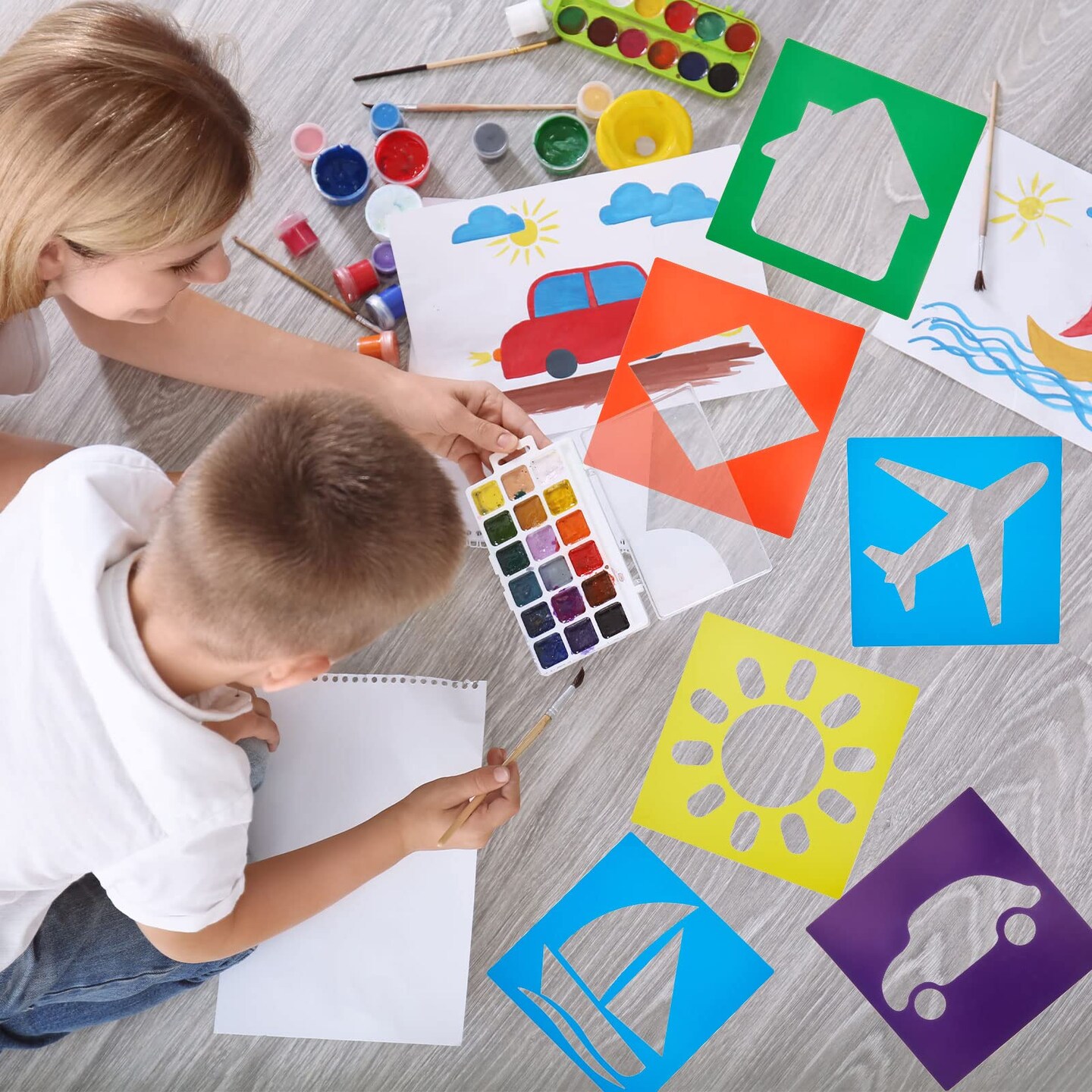 24 Pieces Stencils for Kids 8 Inches Drawing Stencils Chalk Template Large Washable Geometric and Garden Themed Primary Shape Template for Kids Toddlers Preschooler(Primary Style)