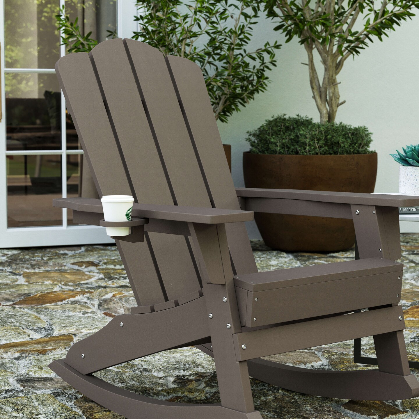 Merrick Lane Nassau Adirondack Chair with Cup Holder and Pull Out Ottoman, All-Weather HDPE Indoor/Outdoor Lounge Chair