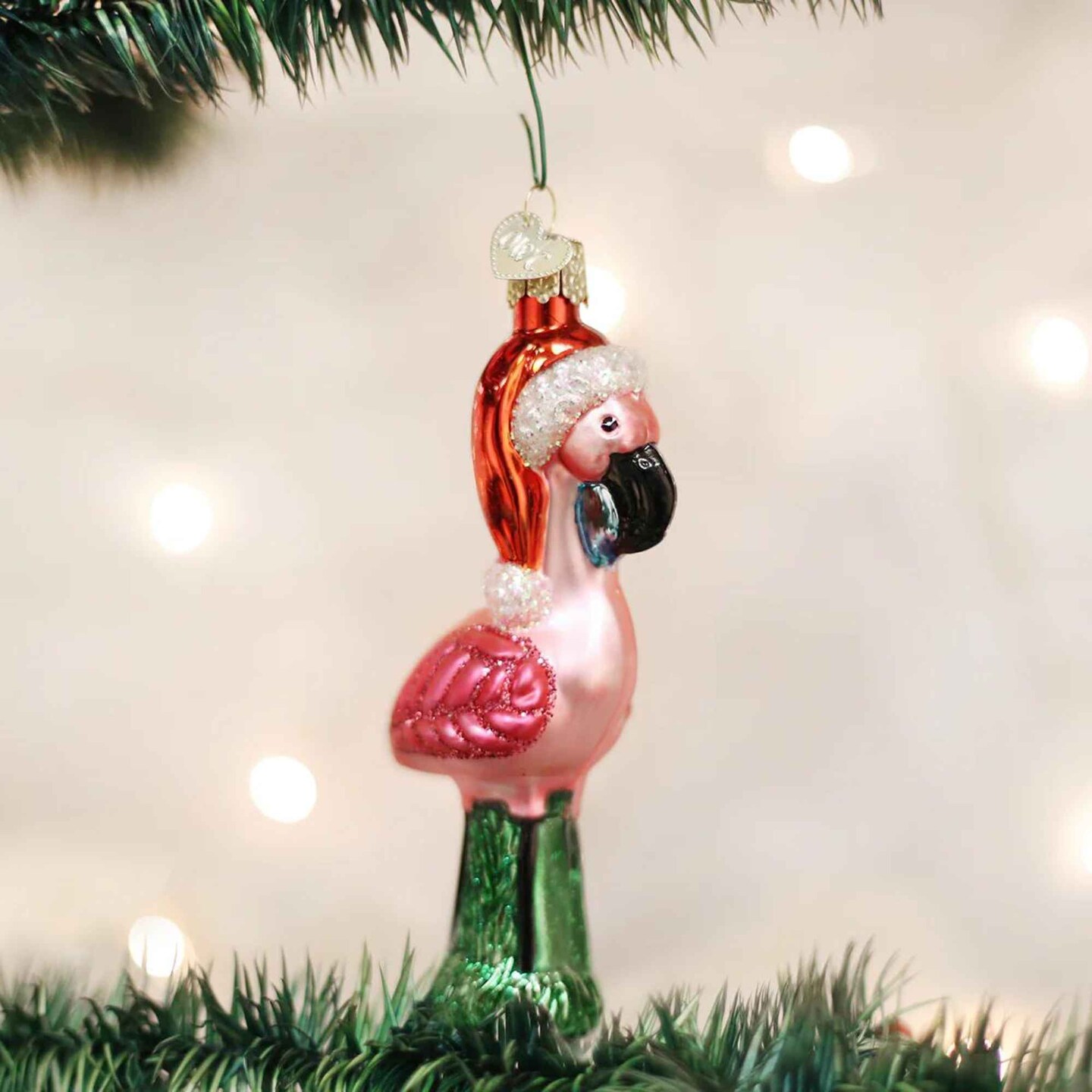 Old World Christmas 5.0 Inch Yard Flamingo Tree Ornament , Santa Hat Christmas